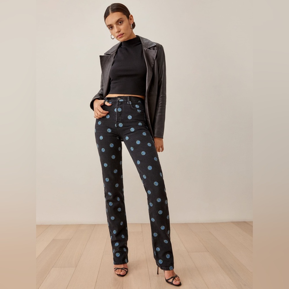 Reformation Earth Embroidered High Rise Straight Long Jeans